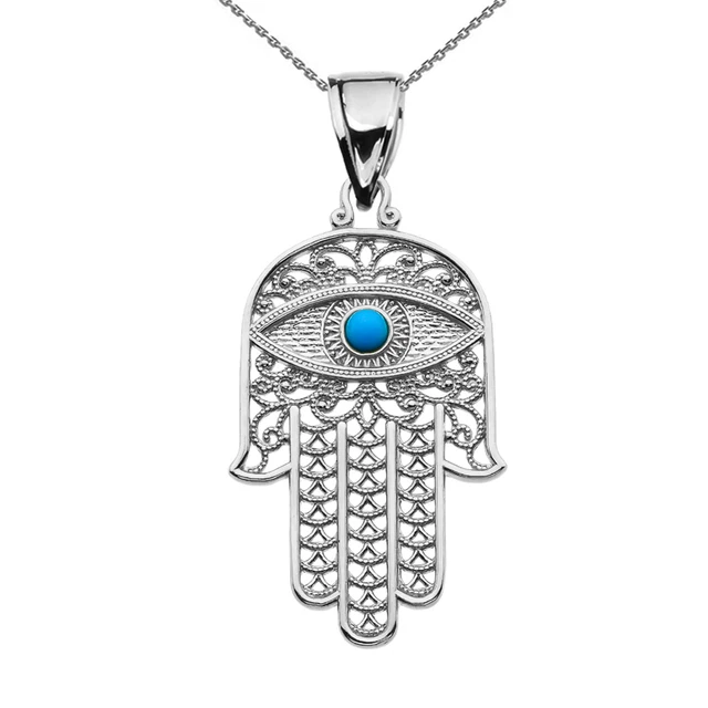 Sterling Silver Evil Eye Turquoise Stone Filigree Hamsa Hand Pendant Necklace