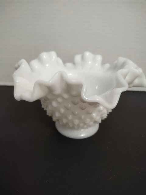 Vintage Fenton Candy Dish Bowl Hobnail Milk Glass With Ruffle