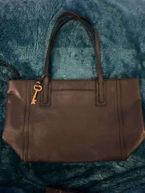 Fossil Emma Marine Blue Leather Shopper Work Tote Shoulder Bag Zip 11x17 9” Drop 3