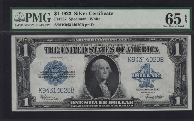 1923 ~$1 Silver Certificate Note ~ #237 ~ PMG ~ Gem Uncirculated 65 EPQ ~$488.88