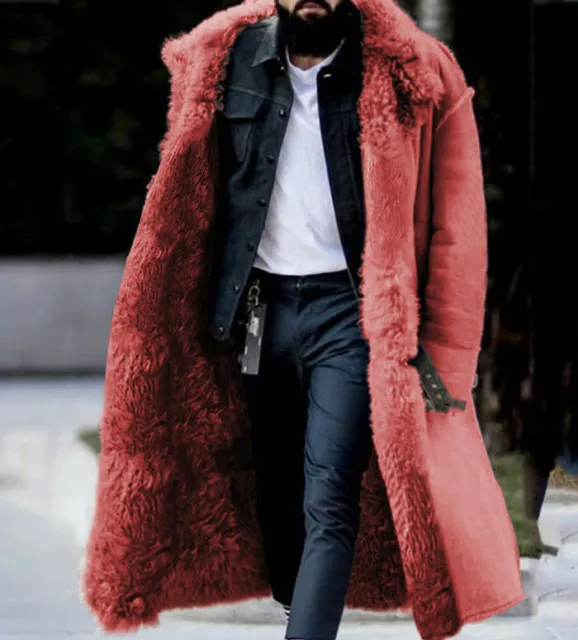 Mens Trench Coat Lapel Mid-Length  Jacket Winter Warm Faux Fur Parka Overcoat