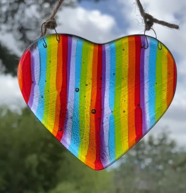 Rainbow Fused Glass Heart Window Hanging. Hand Made Art. Suncatcher