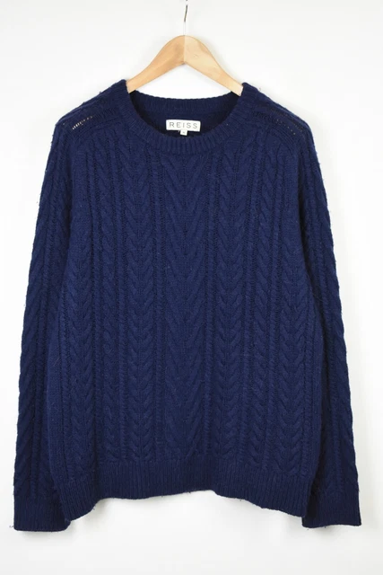 REISS Maglione Uomo Blu Medio Lana & Misto Alpaca Treccia Doppia Pullover