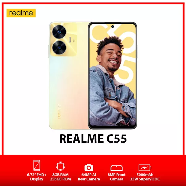 NEW Realme C55 Dual SIM Global Ver. Unlocked Android Mobile Phone –Black/8+ 256GB