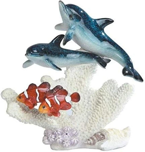 Blue Dolphins with 2 Clown Fish Figurine, 8"