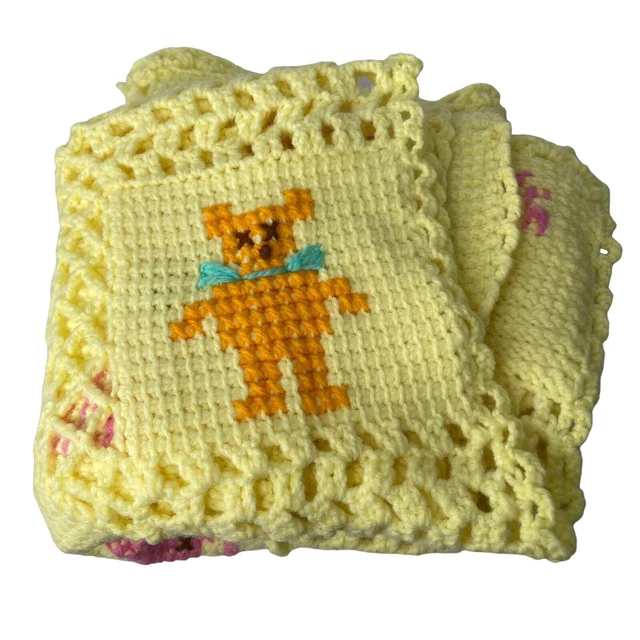 Vintage Baby Afghan Crochet Blanket Handmade 36”x33” Yellow Animals