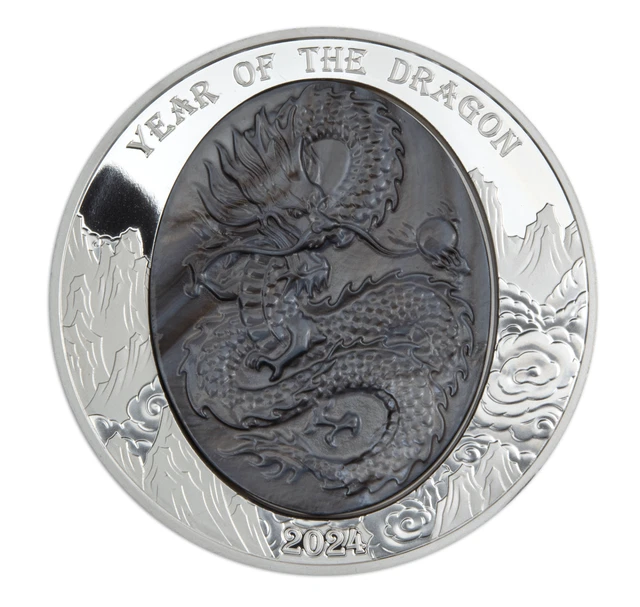 DRAGON Mother of Pearl Lunar Year 5 Oz Silver Coin $25 Solomon Islands 2024