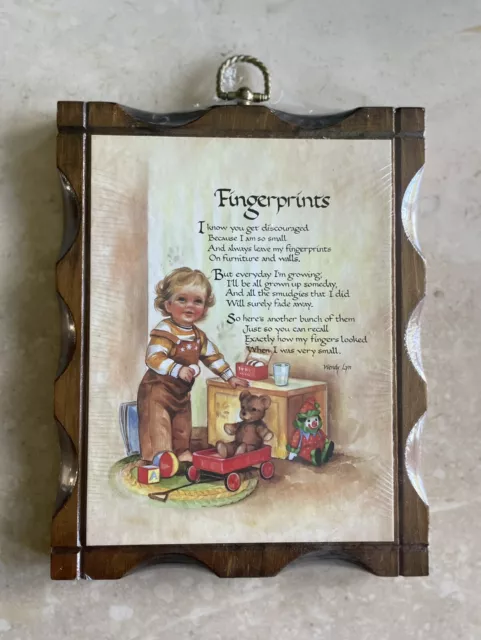 Vintage Fingerprints Poem Wood Wall Art Plaque Little Boy Nursery Handmade NOS