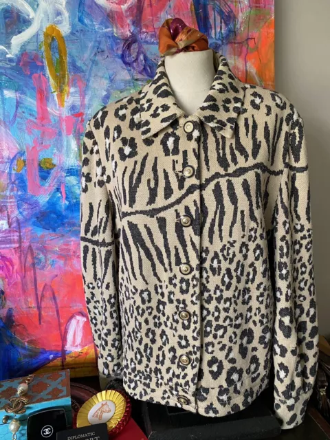 Gorgeous ST JOHN Knits Marie Gray Animal Leopard Print Jacket Sweater Designer