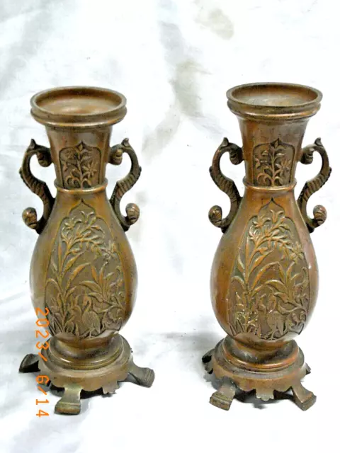 Ancienne Paire Vase Bronze Asiatique Chine China Japon Vietnam