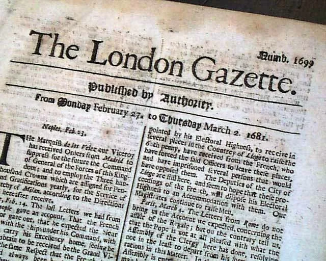 1681 Newspaper EARLY Rare 17th Century 340 Years Old LONDON GAZETTE England RARE