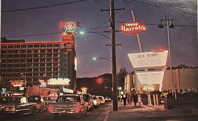 Lake Tahoe Harrahs Night view Postcard Jack Benny Stateline 1950s Vehicles