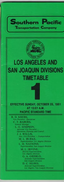 1981 Southern Pacific San Joaquin Los Angeles Division Employee Timetable #1