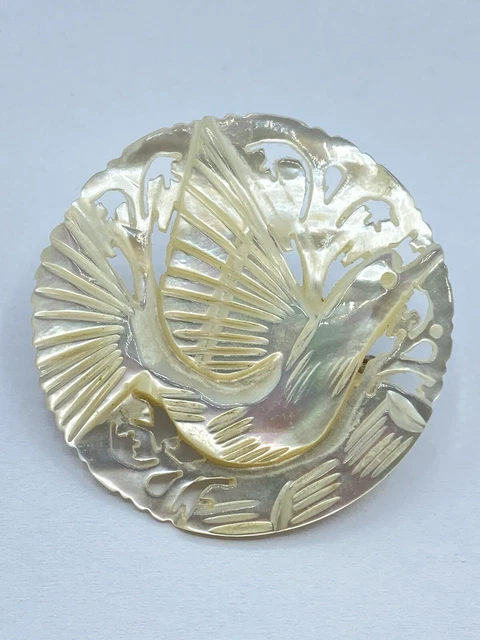 Beautiful Vintage Hand Carved Mother Of Pearl Firebird Circular Brooch