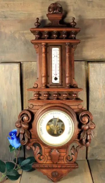 French Antique Carved Wood Weather Station Barometer Thermometer Black Forest