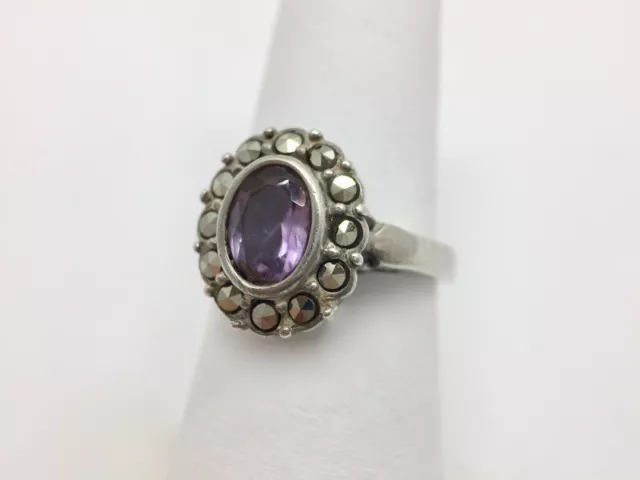 Vintage Deco Halo Amethyst Marcasite Solitaire Ring Size 7 Sterling Silver 925