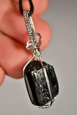 BLACK TOURMALINE Crystal Pendant +Cord 4.8cm 10g *Sterling Silver* Wire Wrapped
