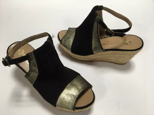 Eric Michael Black & Gold Leather Wedge Heels Sandals 6.5M