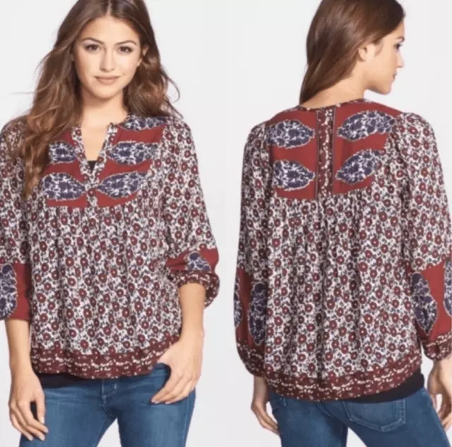 Lucky Brand Blouse 2X Annabelle Maroon Floral Long Sleeve Bohemian Peasant Top