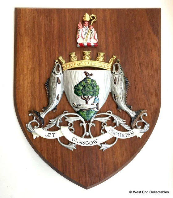 Large 12.5" Old OAK City of Glasgow Scotland Scottish Plaque Shield Crest Arms A