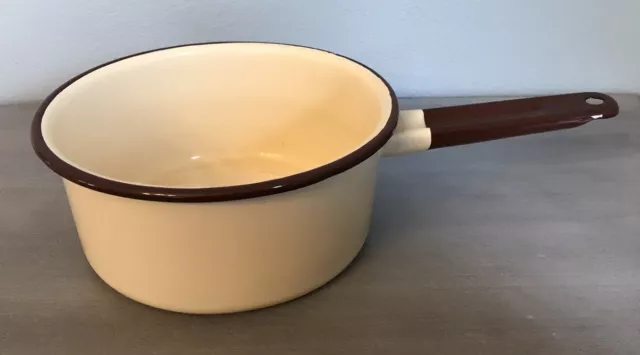 Vintage Beige & Chocolate Brown Enamelware Saucepan Cozy Cottage Handles Pot 2