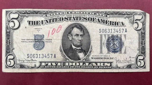 1934 D Five Dollar Silver Certificate $5 Bill Blue Seal Note Circulated #59032