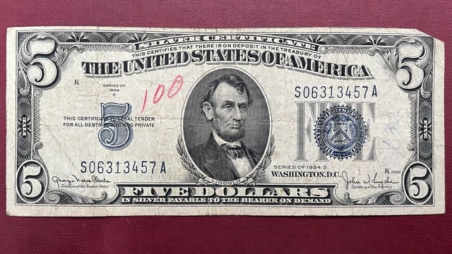 1934 D Five Dollar Silver Certificate $5 Bill Blue Seal Note Circulated #59032