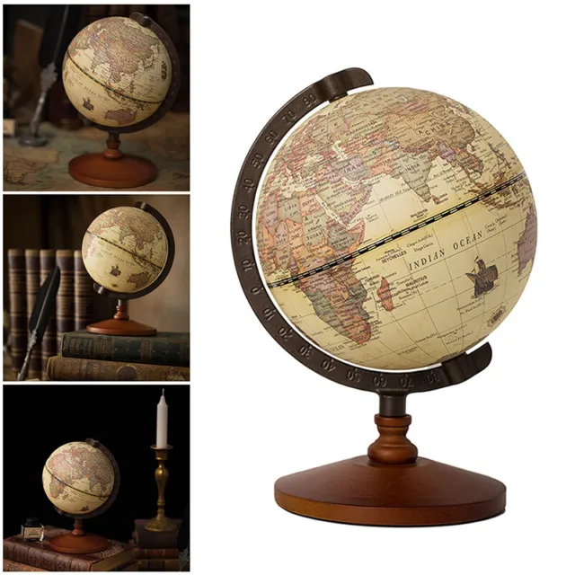 Rotating Earth Globe World Map Geography Vintage Style Ornament with Wooden Base