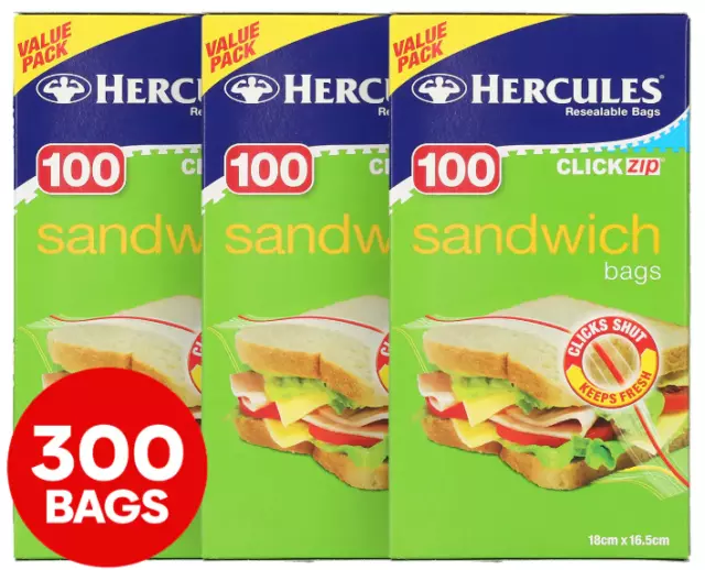 3 x 100pk Hercules Sandwich Bags Zip Lock Resealable Food Storage Bags