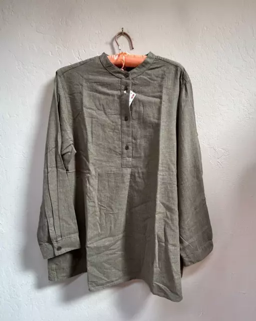 Uniqlo Women's Top Flannel Stand Collar Long Sleeve Shirt Olive Green Large New