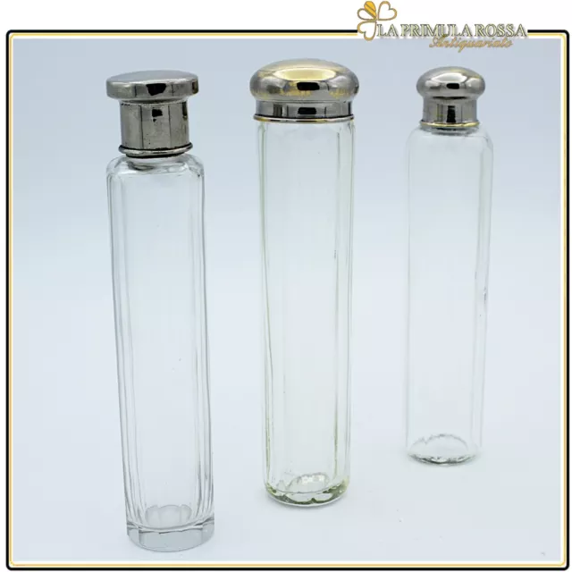 Set di tre boccette vintage porta profumo vetro e silver plate ampolle toilette Set di tre boccette vintage porta profumo vetro e silver plate ampolle toilette