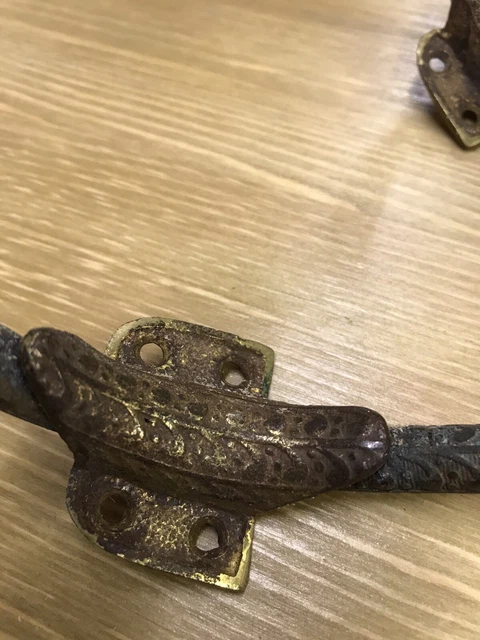 Original Pair Antique Victorian Brass Coat Hooks Old X 2 Metal Reclaimed Vintage 3
