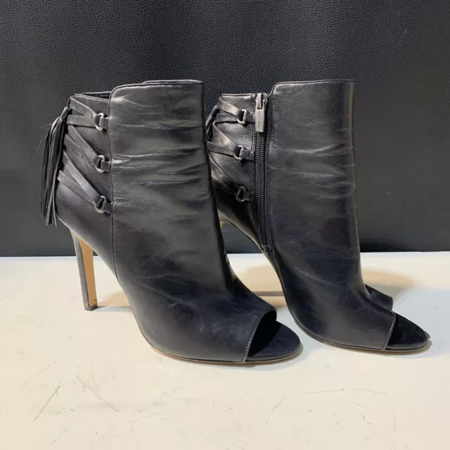 Vince Camuto Kimina Black Soft Leather Stiletto Heel Peep Toe Tassel Booties 8.5