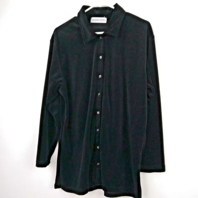 Amanda Smith Top Medium Black Velour Button Front Shirt Womens Tunic