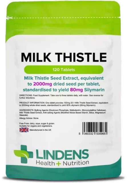 Milk Thistle Seed Extract 2000mg 120 Pack Tablets Lindens UK