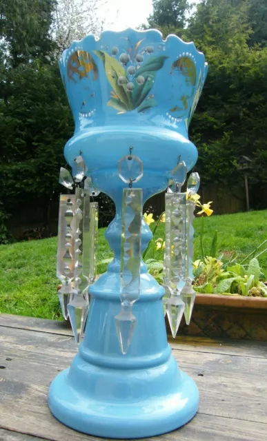 A Large 13" Victorian Blue Opaline Glass Lustre With Crystal Droplets