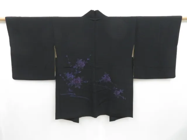 3509T03z570 Vintage Japanese Kimono Silk HAORI Flower Black