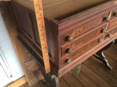 Antique J. & P. Coats Spool Cabinet, Wood , 6 Drawer , Best Six Cords, 34x14x22 3