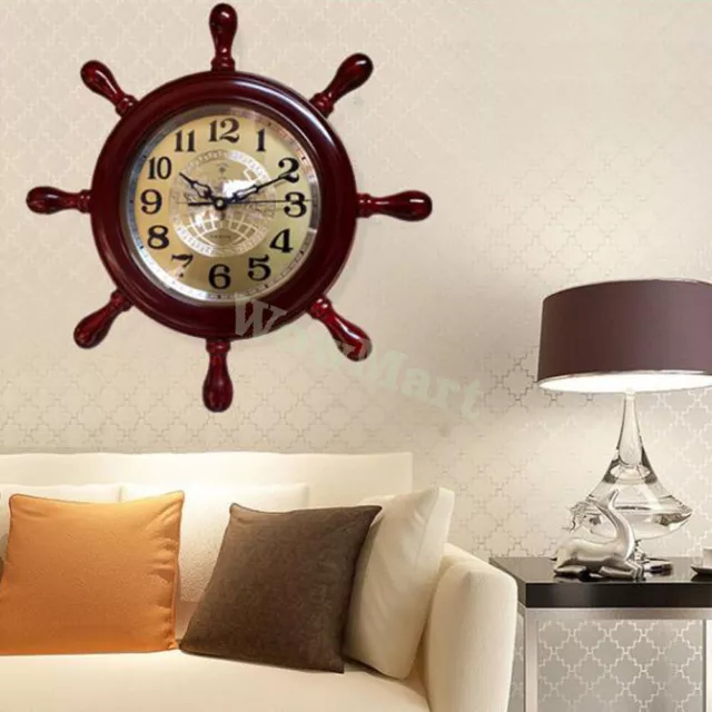 Home Decor Wall Mounted Wooden Frame Nautical Ship Steering Wheel Quartz Clock