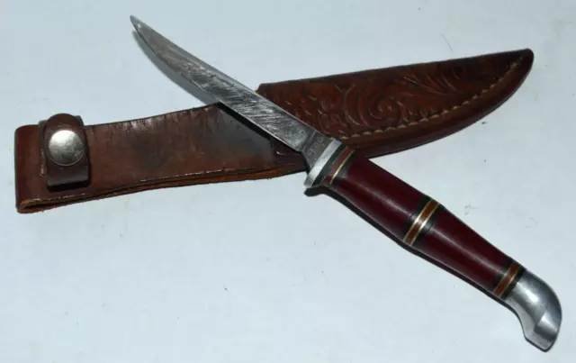 Vtg. Kinfolks USA MR 333 Fixed Blade Bird/Trout Hunting Knife w Leather Sheath