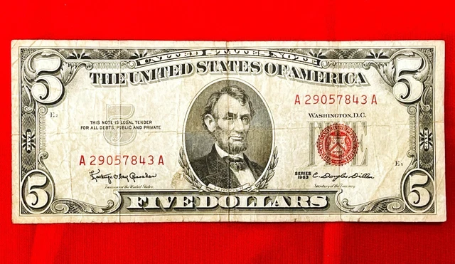 1963 $5 Five Dollar Bill RED Seal & Serial A29057843A Banknote Paper Money