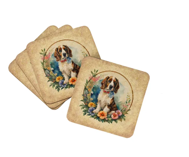 Welsh Springer Spaniel and Flowers Foam Coaster Set of 4 DAC2210FC
