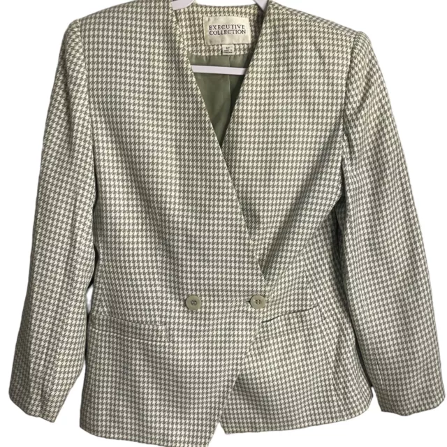 Executive Collection Women's Green White Blazer Size 6 Petite Houndstooth Print