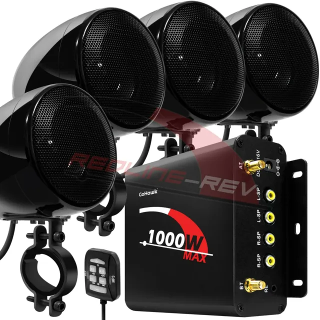 Refurbished 1000W Amp Waterproof Bluetooth Motorcycle ATV Stereo Speakers System
