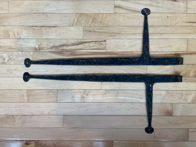 Antique Hand Forged “T” Strap Hinges Old Iron with Penny Ends
