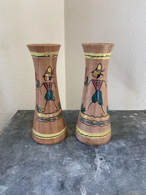 Pair of Mid Century Modern Hand Painted Pinocchio Florentine Pottery Vases Italy