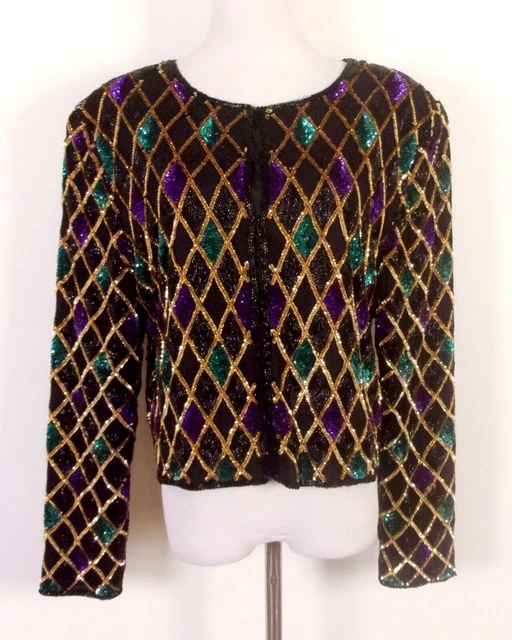 vintage 80s Laurence Kazar Sequin Top Jacket Diamond Argyle Green Purple Silk L