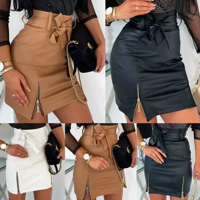 Women High Waisted PU Leather Skirt Zipper Wet Look Bodycon Mini Dress Clubwear