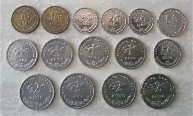 Kroatien - Sammlung 15 versch. Münzen 10 Lipa - 2 Kuna - zwischen 1993-2005