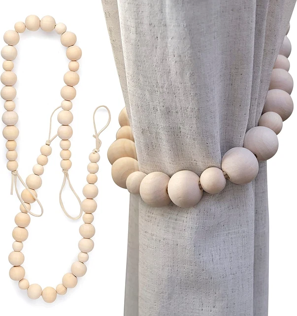 Wood Bead Curtain Tieback Set of 2  Holdback Pull Back Holder Rope  HooksTie